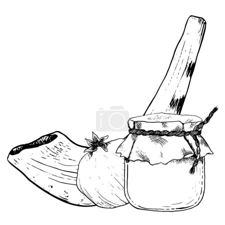 Téléchargez les illustrations : Rosh Hashanah symboles horizontale bannière de salutation avec pot de miel, corne shofar et vecteur de grenade illustration noir et blanc. - en licence libre de droit