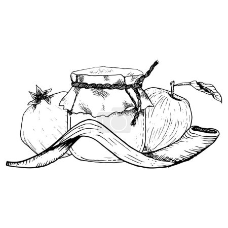 Téléchargez les illustrations : Happy Rosh Hashanah modèle de carte de vœux avec pot de miel, fruits de grenade, pomme, illustration de ligne vectorielle de corne shofar. - en licence libre de droit