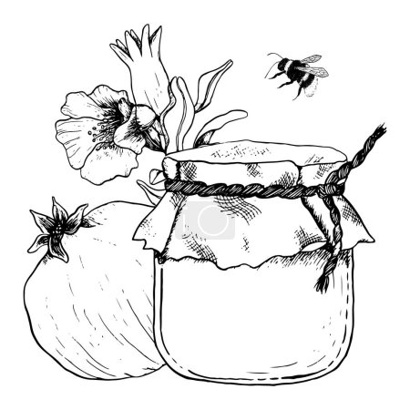 Téléchargez les illustrations : Happy Rosh Hashanah modèle de carte de vœux avec pot de miel, fruits de grenade, fleurs et illustration de ligne vectorielle d'abeille pour le Nouvel An juif et yom kippour. - en licence libre de droit