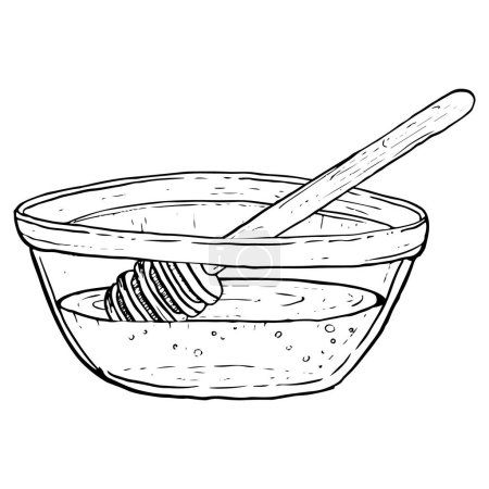 Illustration for Honey in glass bowl with wooden dipper spoon vector. Hand drawn line sketch for cookbooks, recipes and kitchen designs. - Royalty Free Image