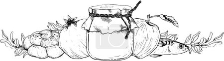 Illustration for Shanah Tovah Rosh Hashanah symbols vector horizontal greeting banner with honey jar, round challah and pomegranate fruit and flowers illustration for Jewish New Year in black and white. - Royalty Free Image