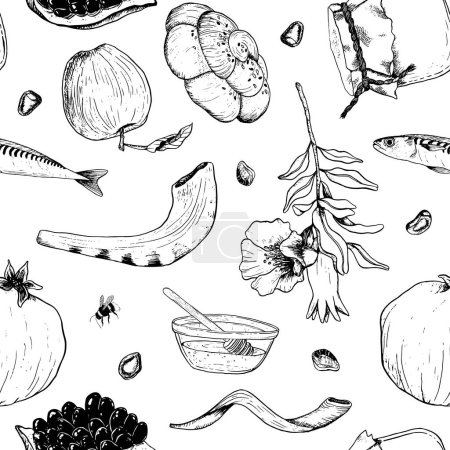 Téléchargez les illustrations : Juif Rosh Hashanah vecteur motif sans couture en vlack et blanc pour le Nouvel An emballage cadeau avec des fruits et des fleurs de grenades, miel, pommes, poissons, Xoah et shofar. - en licence libre de droit