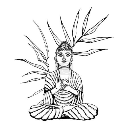Illustration for Buddha sitting in bamboo branches hand drawn line art vector illustration. Meditation element for yoga, buddhism black and white designs. - Royalty Free Image