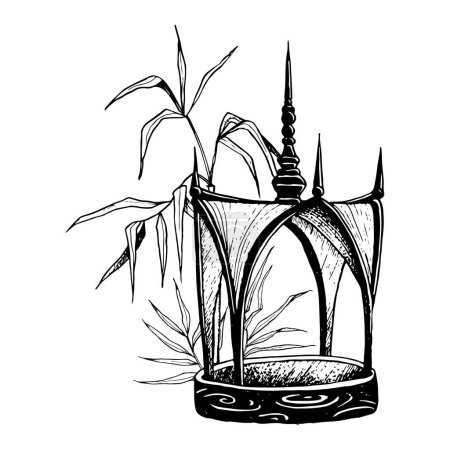 Illustration for Vector pavilion with bamboo branches and stems black and white graphic illustration of Asian culture and architecture. - Royalty Free Image
