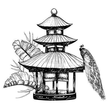 Illustration for Exotic pavilion with tropical palm leaves and peacock sitting on the roof black and white vector graphic illustration of Asian garden. - Royalty Free Image