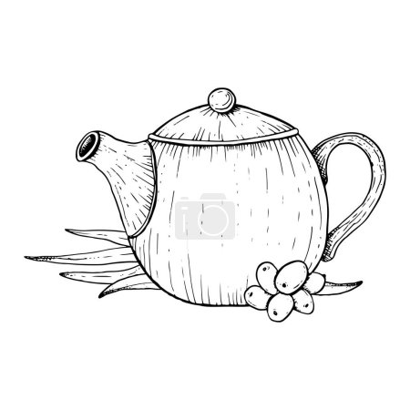 Illustration for Teapot with sea buckthorn berries and leaves vector line illustration. Hippophae herbal organic tea black and white sketch. - Royalty Free Image