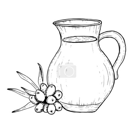 Illustration for Juice jug with sea buckthorn berries and leaves vector black and white line illustration. Hippophae herbal organic drink in glass pitcher sketch. - Royalty Free Image