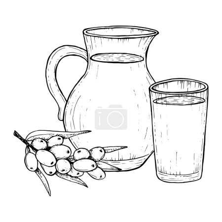 Illustration for Juice jug and glass with sea buckthorn branch with berries and leaves vector black and white line illustration. Hippophae cold organic drink in a pitcher sketch. - Royalty Free Image
