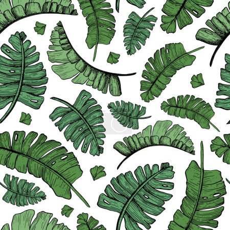 Téléchargez les illustrations : Vecteur vert feuilles de palmier tropical motif sans couture avec des plantes de la jungle. Nature exotique dessinée à la main pour impressions, enveloppements, tissus ou papiers peints. - en licence libre de droit