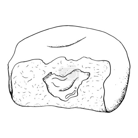 Téléchargez les illustrations : Donut Hanoukka mordu avec jam illustration graphique vectorielle en noir et blanc, vue de côté. Fêtes traditionnelles juives dessinées à la main sufganiyah. - en licence libre de droit