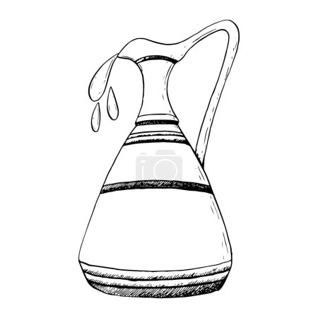 Illustration for Vector vintage ceramic jug of olive oil with drops, Hanukkah symbol of miracle black and white Illustration. - Royalty Free Image