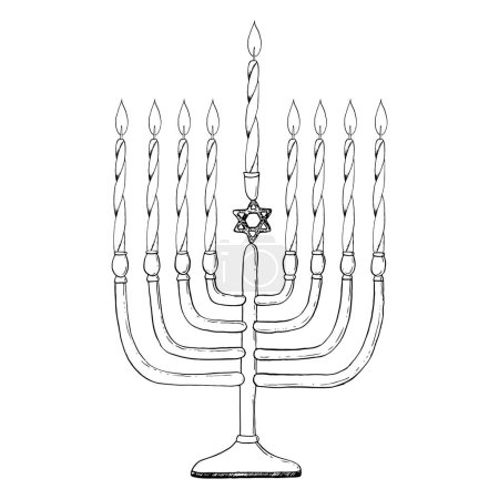Illustration for Vector Hanukkah menorah with candles black and white illustration for greeting cards and designs, Jewish traditional winter holiday, hand drawn hanukkiah. - Royalty Free Image