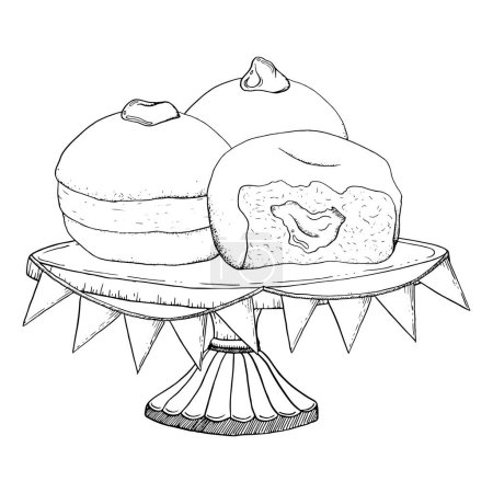 Téléchargez les illustrations : Vector Hanukkah beignets sur le stand de gâteau avec des drapeaux de fête festive illustration en noir et blanc pour carte de vœux. Dessert traditionnel juif. - en licence libre de droit