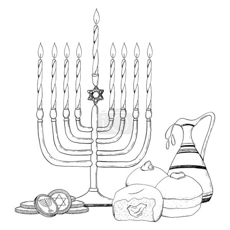 Téléchargez les illustrations : Symboles juifs Hanoukka illustration vectorielle en noir et blanc avec menorah, bougies, beignets, cruche d'huile d'olive et pièces de monnaie. - en licence libre de droit