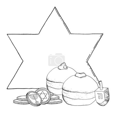 Illustration for Happy Hanukkah vector template with donuts for Jewish holiday. Black and white vector illustration. Hand drawn sufganiyot doughnuts and sevivon. - Royalty Free Image