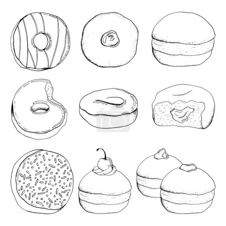 Illustration for Vector donuts desserts collection with glaze, sprinkles, cherry and whipped cream. Hand drawn black and white illustration bundle of doughnuts with different toppings for bakery, menus and Hanukkah. - Royalty Free Image