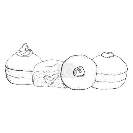 Téléchargez les illustrations : Hanoukka donuts bannière horizontale pour la fête juive Hanoukka illustration vectorielle en noir et blanc. beignets sufganiyot dessinés à la main dans une rangée. - en licence libre de droit