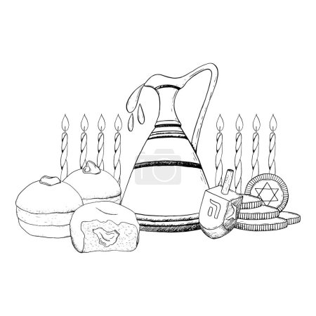 Téléchargez les illustrations : Vector Hanoukka miracle bannière horizontale noir et blanc illustration avec cruche d'huile d'olive, bougies, dreidel, beignets traditionnels sufganiyot et pièces d'or. - en licence libre de droit