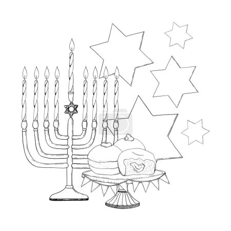 Téléchargez les illustrations : Vecteur dessiné à la main symboles Hanoukka avec menorah, bougies, étoiles de David et beignets noir et blanc illustration à l'encre. - en licence libre de droit