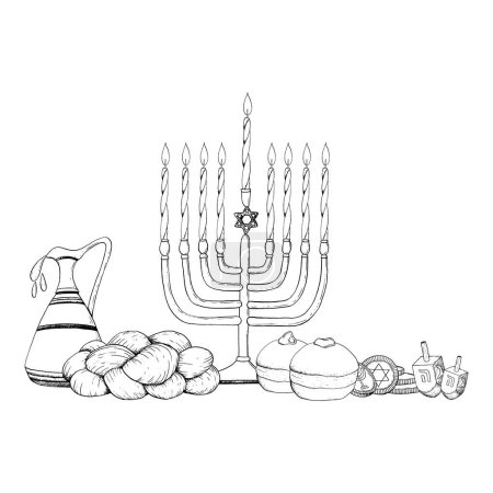 Téléchargez les illustrations : Vecteur Juif Hanoukka symboles noir et blanc illustration graphique avec menorah, bougies, beignets, cruche d'huile d'olive, pièces de monnaie, dreidels et Xoah. - en licence libre de droit