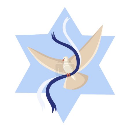 Téléchargez les illustrations : Colombe volante vectorielle de paix avec des rubans bleus apportant paix et soutien à Israël avec l'illustration étoile de David. Stand avec Israël. - en licence libre de droit