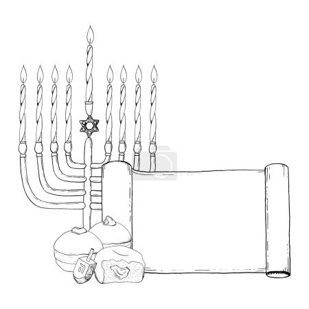 Illustration for Hanukkah candles in menorah greeting card template with hanukkiah, donuts and dreidel vector illustration. Hand drawn Jewish holiday symbols. - Royalty Free Image
