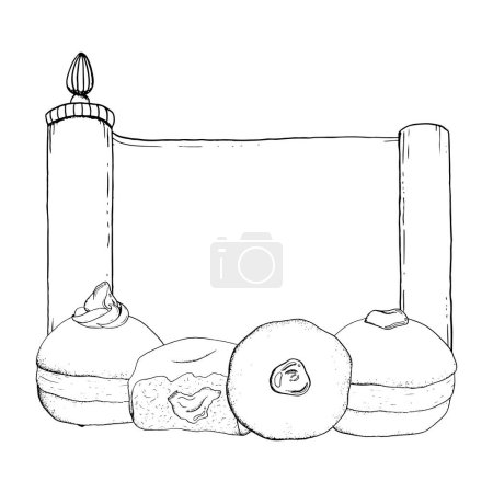 Téléchargez les illustrations : Donuts traditionnels Hanoukka avec illustration vectorielle de défilement de la Torah noir et blanc. Pâtisserie juive dessinée à la main pour les vacances. - en licence libre de droit