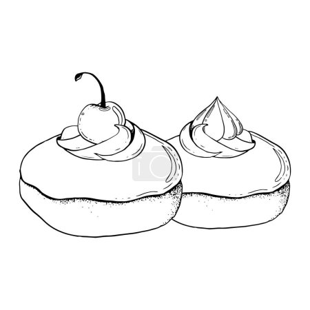 Illustration for Two vector chocolate glazed donuts dessert with whipped cream, chocolate meringue and cherry hand drawn black and white graphic illustration for bakery or cafe. - Royalty Free Image