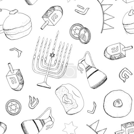 Illustration for Vector Hanukkah seamless pattern with Jewish holiday traditional symbols, Hebrew letters and bakery. Sufganiyot, dreidel, menorah in black and white. - Royalty Free Image