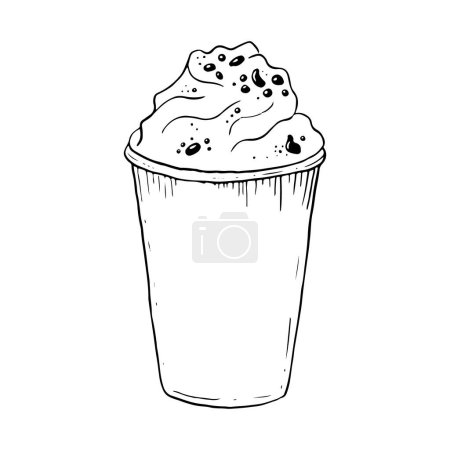 Téléchargez les illustrations : Milkshake vectoriel à la crème fouettée et aux pépites de chocolat illustration à l'encre noire et blanche. Boisson froide d'été dans une tasse en plastique, délicieux dessert. - en licence libre de droit