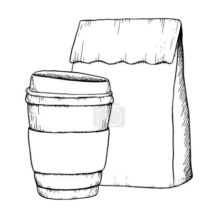 Illustration for Vector disposable coffee cup and paper craft bag line black and white illustration for breakfast and coffee break designs, cafe, restaurant food menus. - Royalty Free Image