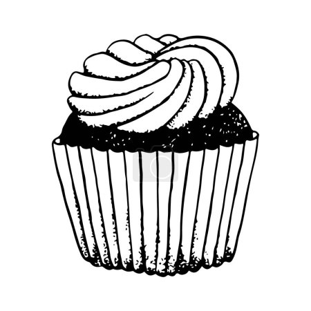 Illustration for Vector birthday cupcake with whipped cream black and white illustration sketch for holiday greeting card, poster or invitation. - Royalty Free Image
