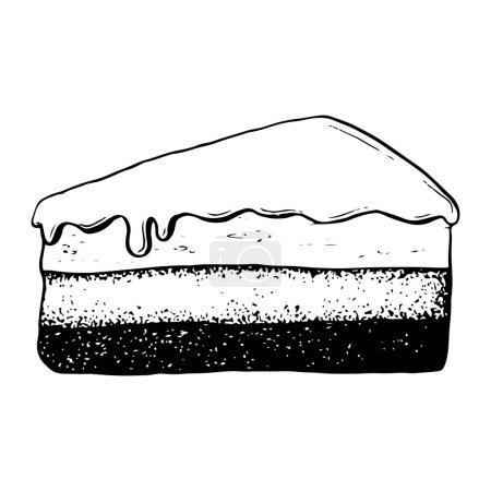 Téléchargez les illustrations : Gâteau d'anniversaire glacé chocolat tranche vecteur illustration en noir et blanc pour les dessins de boulangerie, invitations de fête et cartes - en licence libre de droit