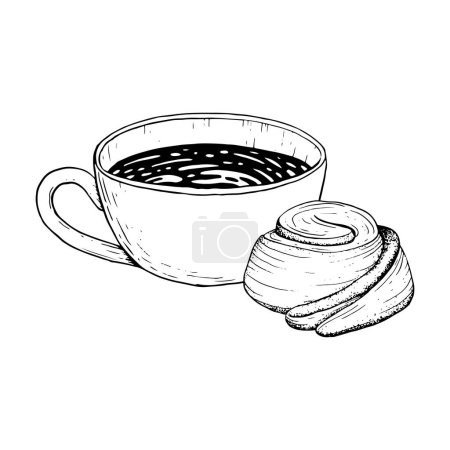 Téléchargez les illustrations : Tasse à café avec cappuccino et pain à la cannelle croquis vectoriel d'illustration d'encre graphique pour menus, invitations. - en licence libre de droit