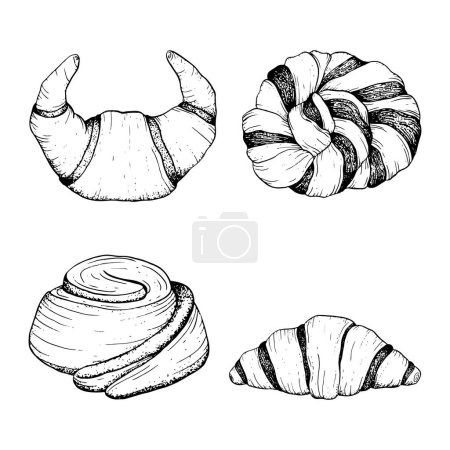 Illustration for Bakery fresh pastry, buns and croissants vector black and white illustration set with chocolate butter croissants, cinnamon bun and braided bread for breakfast and coffee break designs. - Royalty Free Image