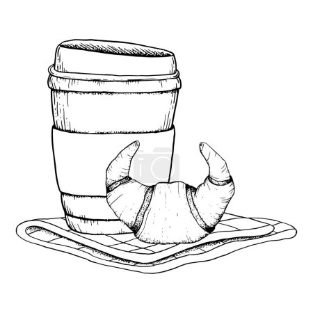 Illustration for Vector take out coffee cup with croissant on napkin black and white line vector illustration for breakfast and coffee break designs, cafe, restaurant food menus. - Royalty Free Image