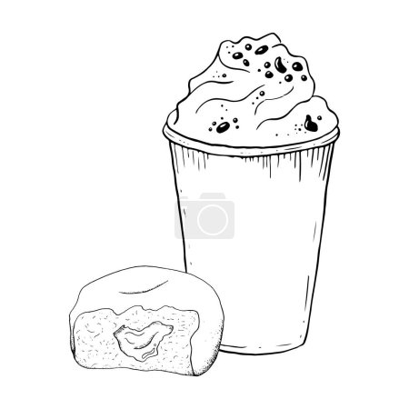 Illustration for Bitten donut and milkshake with whipped cream and chocolate chips vector black and white graphic illustration. Cold summer drink and sweet delicious dessert. - Royalty Free Image