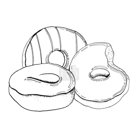 Téléchargez les illustrations : Donuts émaillés dessin à la main vecteur illustration en noir et blanc. Délicieux beignets ronds pour boulangeries et pâtisseries. - en licence libre de droit