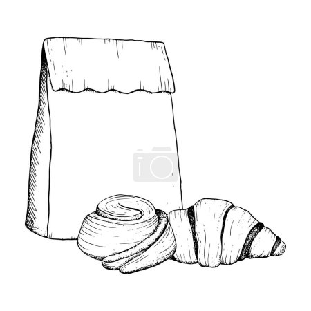 Illustration for Vector chocolate croissant, cinnamon roll bun and paper craft bag black and white illustration sketch for breakfast and coffee break in bakery designs. - Royalty Free Image