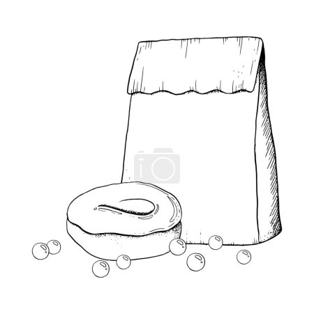 Téléchargez les illustrations : Donut glacé avec bonbons ronds et sac artisanal en papier pour l'illustration graphique vectorielle à emporter pour le petit déjeuner et la pause café, la boulangerie ou le menu de café. - en licence libre de droit