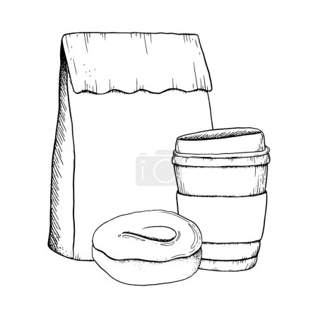 Illustration for Takeaway coffee cup, glazed donut and paper craft bag black and white vector illustration for breakfast, lunch and coffee break designs, cafe, food menus. - Royalty Free Image