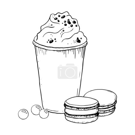 Téléchargez les illustrations : Milkshake à la crème fouettée, biscuits macarons et bonbons ronds vecteur illustration noir et blanc. Boisson froide d'été dans une tasse en plastique avec délicieux dessert. - en licence libre de droit