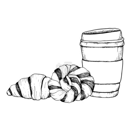 Téléchargez les illustrations : Croissant au chocolat et pain tressé avec illustration vectorielle de tasse de café en noir et blanc pour le petit déjeuner et la conception de menu de café. - en licence libre de droit