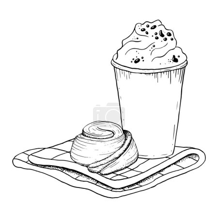 Téléchargez les illustrations : Milkshake vectoriel avec crème fouettée et pain roulé à la cannelle avec cuillère et serviette illustration en noir et blanc. Fast food dessert sucré délicieux. - en licence libre de droit