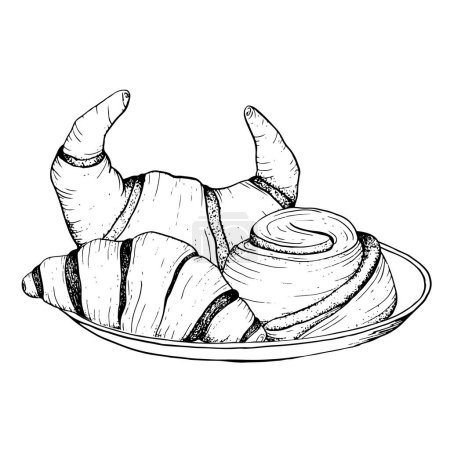 Illustration for Pastry plate with chocolate French croissants and rolled cinnamon bun vector black and white illustration for snack and breakfast in cafe and bakery. - Royalty Free Image