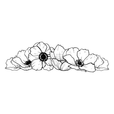 Illustration for Pile of anemone flowers and petals vector illustration. Wedding 2024 celebration design with floral black and white botanical drawing. - Royalty Free Image