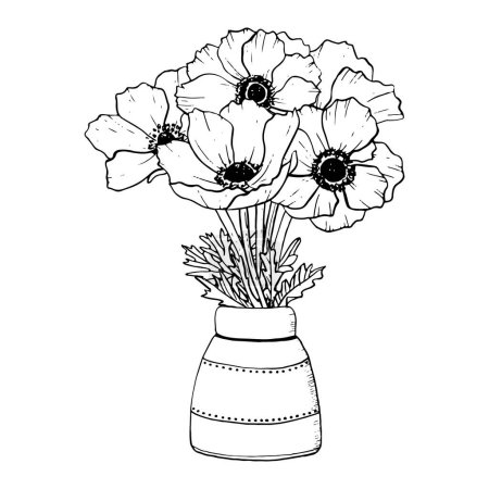 Illustration for Anemones wildflowers bouquet in ceramic vase vector illustration. Floral ink drawing for coloring pages and books. - Royalty Free Image