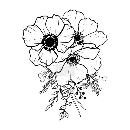 Ilustración de Ramo de anémonas en blanco y negro triángulo composición con flores de amapolas de campo, eucalipto y hierba vector ilustración para tarjetas de felicitación, invitaciones de boda de primavera. - Imagen libre de derechos