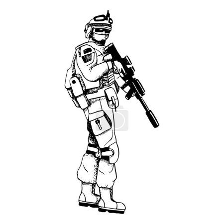 Ilustración de Vector moderno Israel o soldado del ejército estadounidense en uniforme con rifa de asalto ilustración de tinta en blanco y negro para diseños de guerra y paz o Día del Veterano. - Imagen libre de derechos
