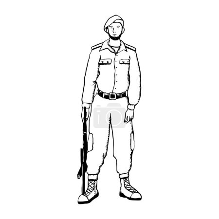 Illustration for Vector soldier taking oath with assault riffle in black and white line illustration for patriotic military designs. - Royalty Free Image
